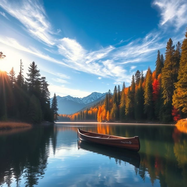 A stunning landscape of a serene mountain lake surrounded by towering pine trees