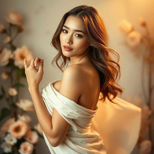 A beautiful young woman posing gracefully in an artistic setting, showcasing her natural beauty and confidence