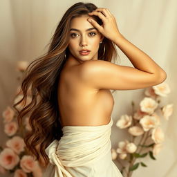 A beautiful young woman posing gracefully in an artistic setting, showcasing her natural beauty and confidence