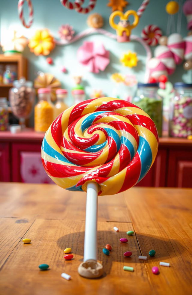 A colorful, oversized lollipop with swirls of red, blue, and yellow, resting on a wooden table