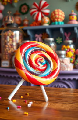 A colorful, oversized lollipop with swirls of red, blue, and yellow, resting on a wooden table