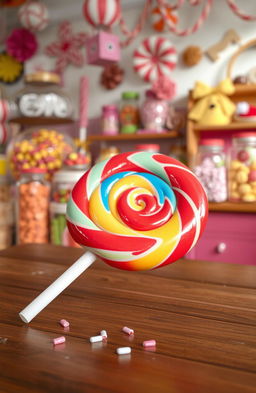 A colorful, oversized lollipop with swirls of red, blue, and yellow, resting on a wooden table