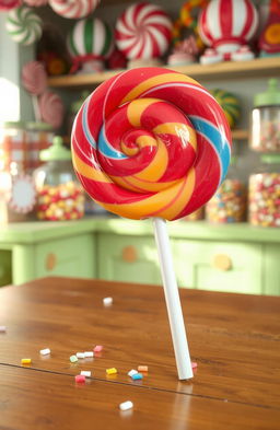 A colorful, oversized lollipop with swirls of red, blue, and yellow, resting on a wooden table