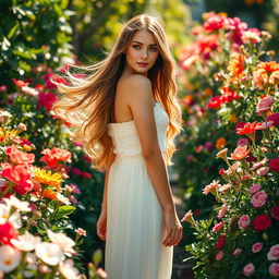 A serene and tasteful depiction of a beautiful young woman standing in a lush garden filled with vibrant flowers