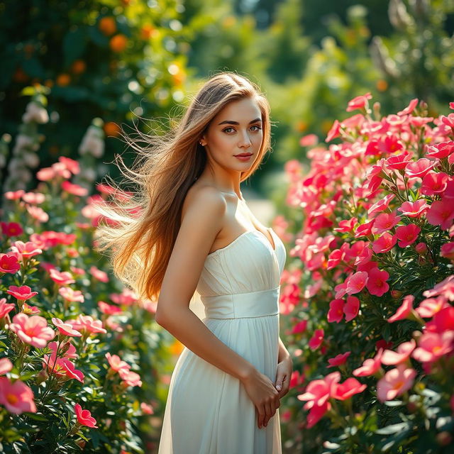 A serene and tasteful depiction of a beautiful young woman standing in a lush garden filled with vibrant flowers