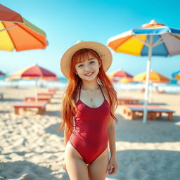 A cute teenage Korean girl with vibrant red hair, wearing a stylish one-piece swimsuit