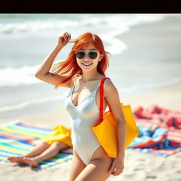 A cute teenage Korean girl with vibrant red hair, wearing a fashionable one-piece swimsuit