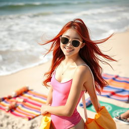 A cute teenage Korean girl with vibrant red hair, wearing a fashionable one-piece swimsuit