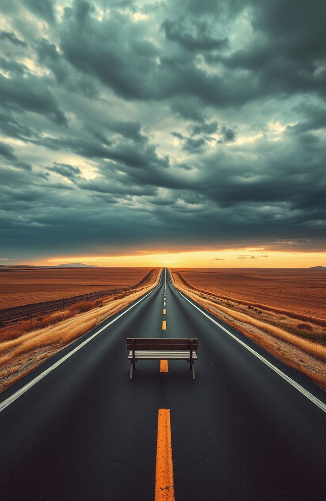 A visually striking representation of loneliness on a deserted road, showcasing a long, winding highway stretching into the horizon