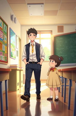 A cozy, warmly lit school classroom scene featuring a male teacher with an engaging demeanor walking down the aisle