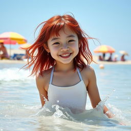 A 14-year-old Korean girl with striking red hair, wearing a stylish one-piece swimsuit