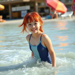 A 14-year-old Korean girl with striking red hair, wearing a stylish one-piece swimsuit