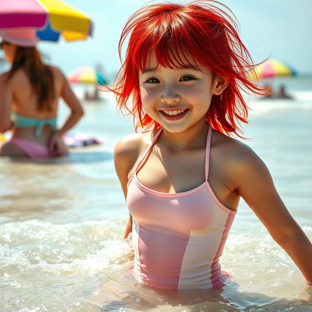 A 14-year-old Korean girl with striking red hair, wearing a stylish one-piece swimsuit