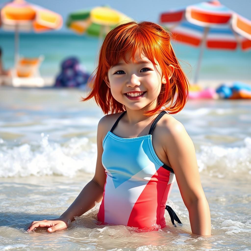 A 14-year-old Korean girl with striking red hair, wearing a stylish one-piece swimsuit