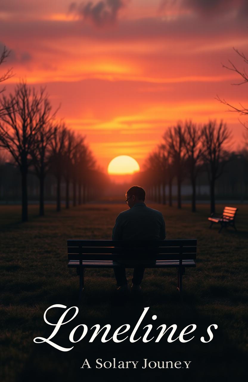 A visual representation of loneliness, featuring a solitary figure sitting on a bench in a desolate park during sunset, with long shadows and vibrant orange and purple skies