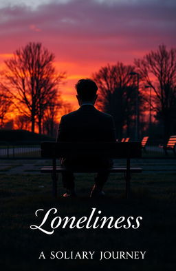 A visual representation of loneliness, featuring a solitary figure sitting on a bench in a desolate park during sunset, with long shadows and vibrant orange and purple skies