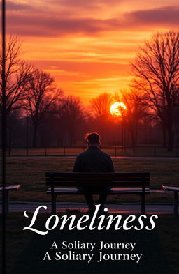 A visual representation of loneliness, featuring a solitary figure sitting on a bench in a desolate park during sunset, with long shadows and vibrant orange and purple skies