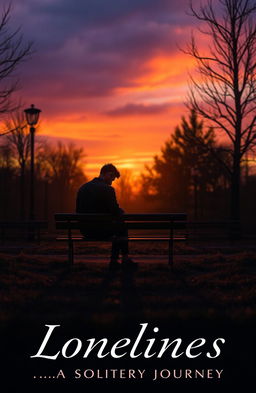 A visual representation of loneliness, featuring a solitary figure sitting on a bench in a desolate park during sunset, with long shadows and vibrant orange and purple skies