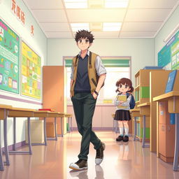 A cozy school classroom scene featuring a chinito (East Asian) male teacher walking gracefully down the aisle