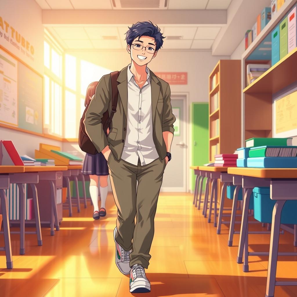 A cozy school classroom scene featuring a chinito (East Asian) male teacher walking gracefully down the aisle