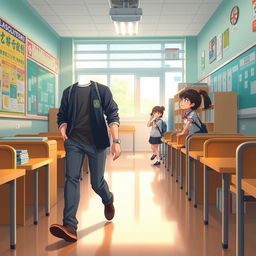 A cozy school classroom scene featuring a chinito (East Asian) male teacher walking gracefully down the aisle