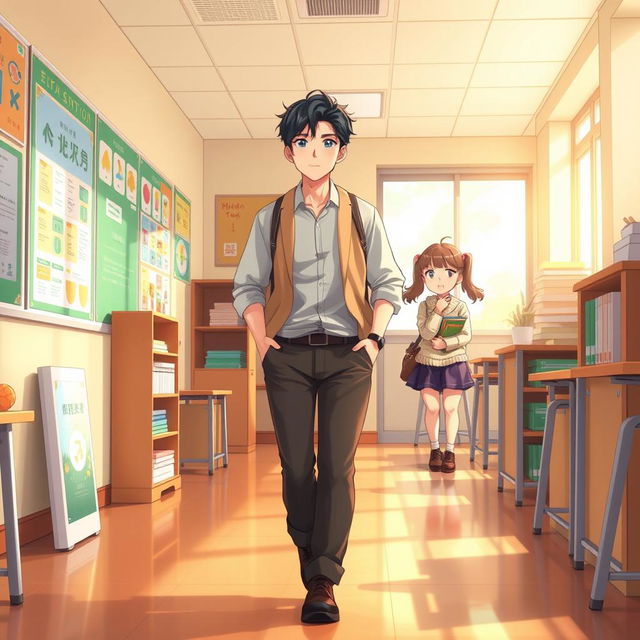 A cozy school classroom scene featuring a chinito (East Asian) male teacher walking gracefully down the aisle