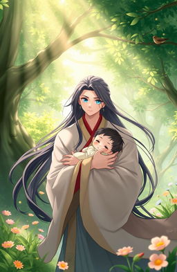 A serene scene in a lush green forest featuring a character with striking blue eyes, reminiscent of Wei Wuxian from Chinese fantasy