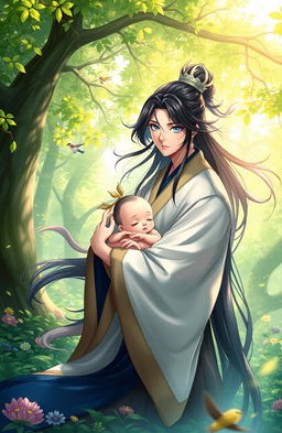 A serene scene in a lush green forest featuring a character with striking blue eyes, reminiscent of Wei Wuxian from Chinese fantasy