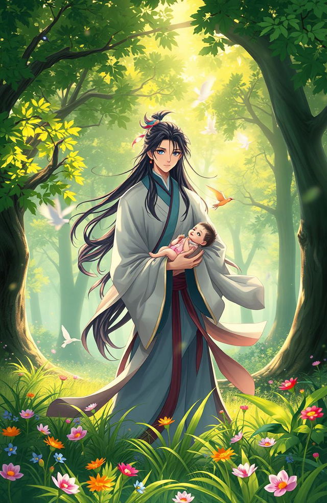 A serene scene in a lush green forest featuring a character with striking blue eyes, reminiscent of Wei Wuxian from Chinese fantasy