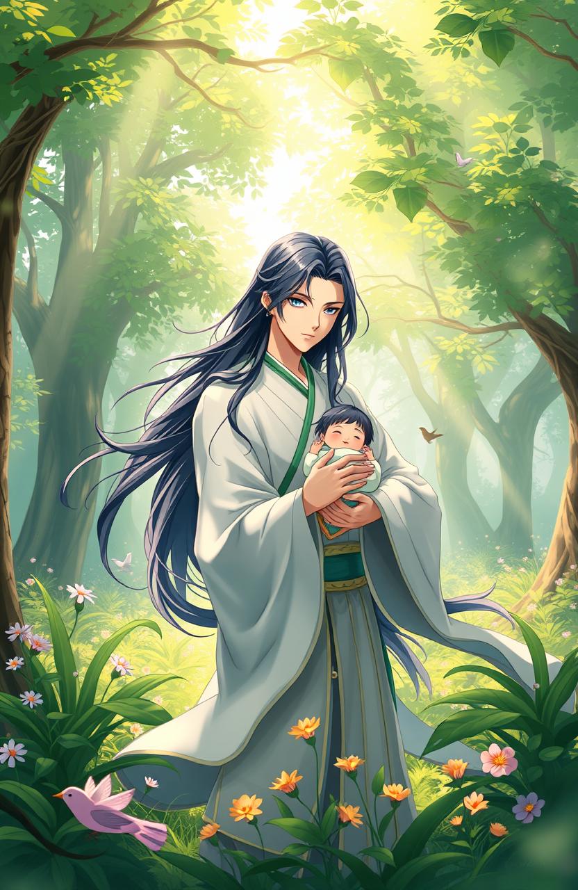 A serene scene in a lush green forest featuring a character with striking blue eyes, reminiscent of Wei Wuxian from Chinese fantasy