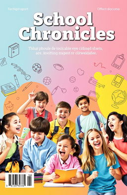 A vibrant and engaging school magazine cover design featuring a diverse group of students engaged in various activities such as studying, sports, and arts