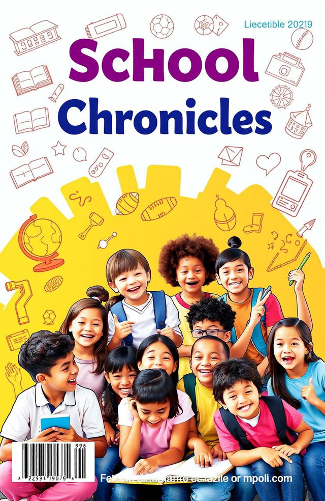 A vibrant and engaging school magazine cover design featuring a diverse group of students engaged in various activities such as studying, sports, and arts