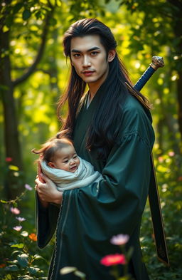 A captivating scene of a blue-eyed man resembling Wei Wuxian from the popular fantasy series, standing confidently in a lush green forest