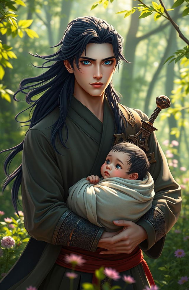 A captivating scene of a blue-eyed man resembling Wei Wuxian from the popular fantasy series, standing confidently in a lush green forest