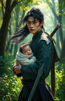 A captivating scene of a blue-eyed man resembling Wei Wuxian from the popular fantasy series, standing confidently in a lush green forest