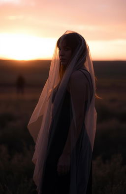 A high-quality image of a lonely woman standing in a serene landscape, engulfed in soft, dreamy lighting