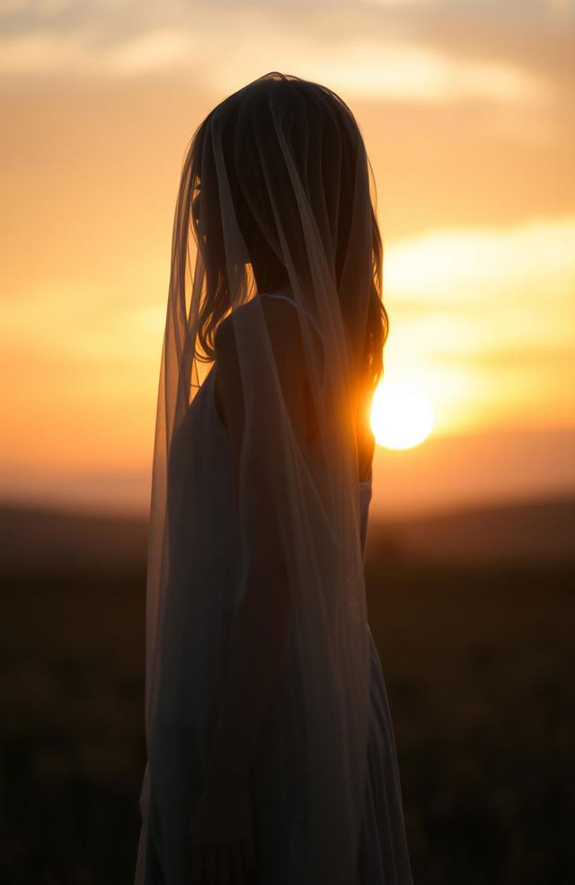 A high-quality image of a lonely woman standing in a serene landscape, engulfed in soft, dreamy lighting