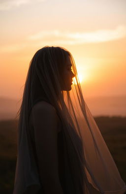 A high-quality image of a lonely woman standing in a serene landscape, engulfed in soft, dreamy lighting