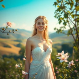 A serene and tasteful portrayal of a goddess-like figure standing in a tranquil natural setting, the nymph's skin glowing under soft sunlight, surrounded by lush greenery and blooming flowers