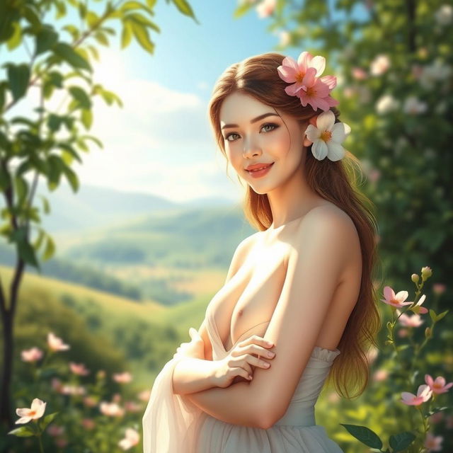 A serene and tasteful portrayal of a goddess-like figure standing in a tranquil natural setting, the nymph's skin glowing under soft sunlight, surrounded by lush greenery and blooming flowers