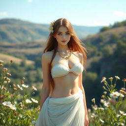 A serene and tasteful portrayal of a goddess-like figure standing in a tranquil natural setting, the nymph's skin glowing under soft sunlight, surrounded by lush greenery and blooming flowers