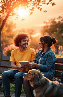 A heartwarming scene depicting two friends sharing joyful moments together, sitting on a park bench under a vibrant sunset