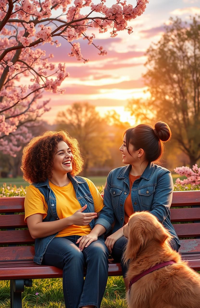 A heartwarming scene depicting two friends sharing joyful moments together, sitting on a park bench under a vibrant sunset