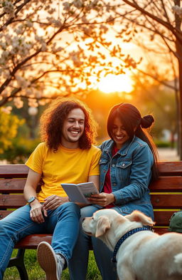 A heartwarming scene depicting two friends sharing joyful moments together, sitting on a park bench under a vibrant sunset