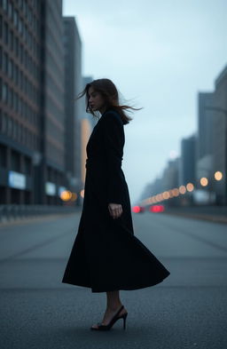 A lonely woman standing in an empty urban setting, her face obscured, creating an air of mystery