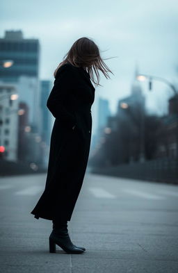 A lonely woman standing in an empty urban setting, her face obscured, creating an air of mystery