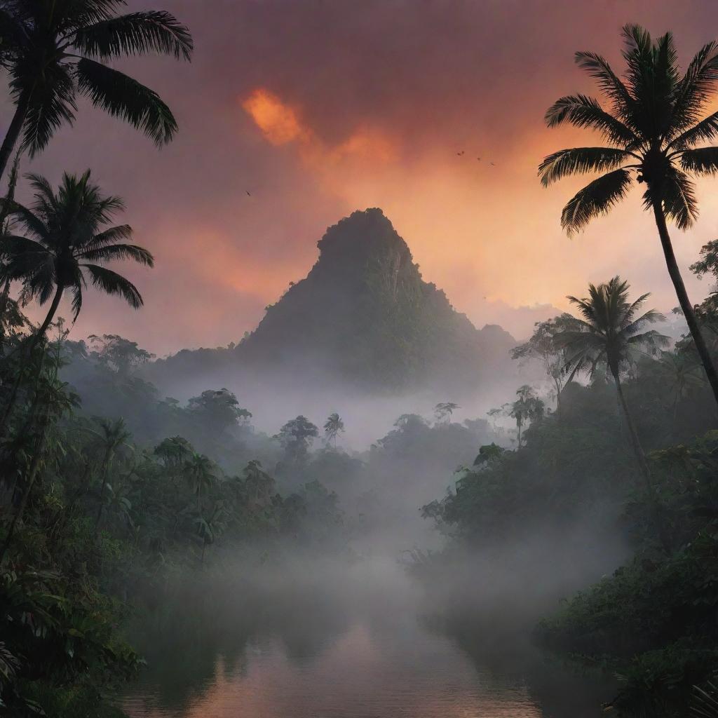 Visualize the Isla Sorna from Jurassic Park movies, with dense tropical jungle, mysterious fog, and looming dinosaur silhouettes in an atmospheric sunset background