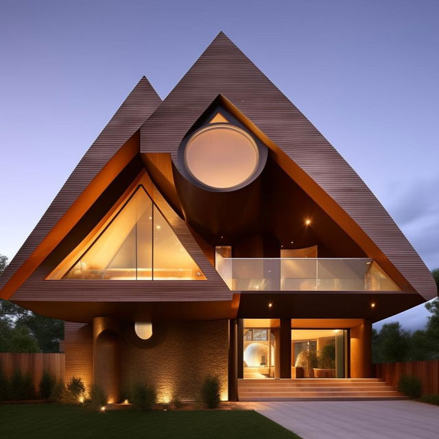 A two-story house where the front face is architecturally unique with a circular design on the top floor and a triangular design on the bottom floor.