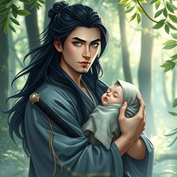 A striking portrait of a blue-eyed man inspired by Wei Wuxian, set in an enchanting forest