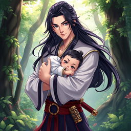 A vivid illustration of a man resembling Wei Wuxian, positioned in a serene forest setting
